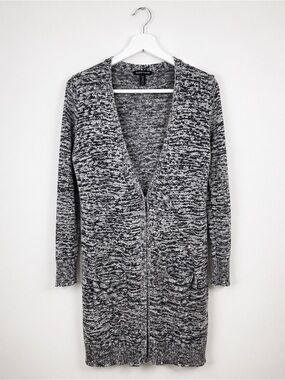 Eileen Fisher Long Open Cardigan Silk Blend Black Gray Marled Duster Sweater Med